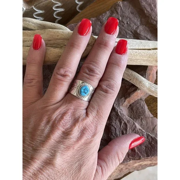 Navajo Sterling Silver Turquoise Cigar Band Ring - Picture 5 of 11